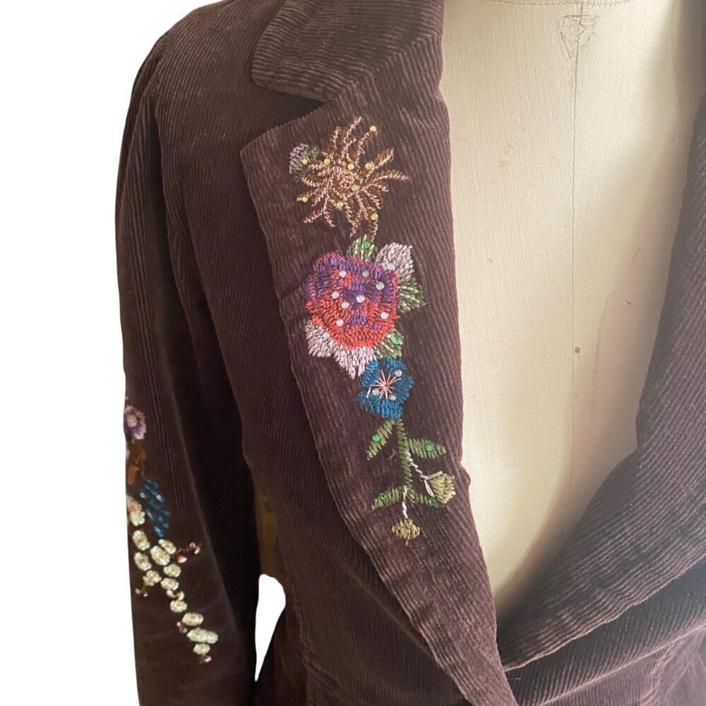 Y2K corduroy floral embroidered dark brown True Meaning blazer jacket - Picture 10 of 16